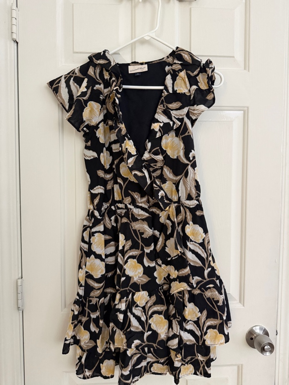 Universal Thread Black Floral Ruffle Mini Dress with Gold and Cream Blooms
